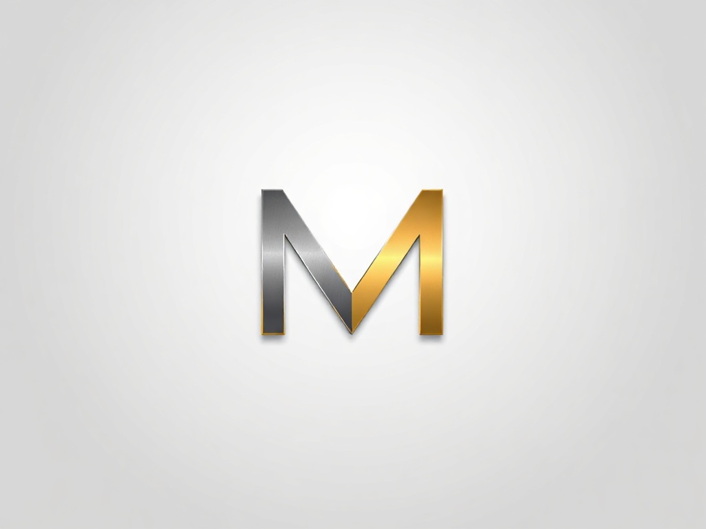A minimalistic logo mark: a stylized 'M' and 'I' intersecting in a modern geometric way, with a subtle metallic gradient (silver to gold). The background is a soft gradient of light gray to white. Photorealistic, 8K, commercial photography style.